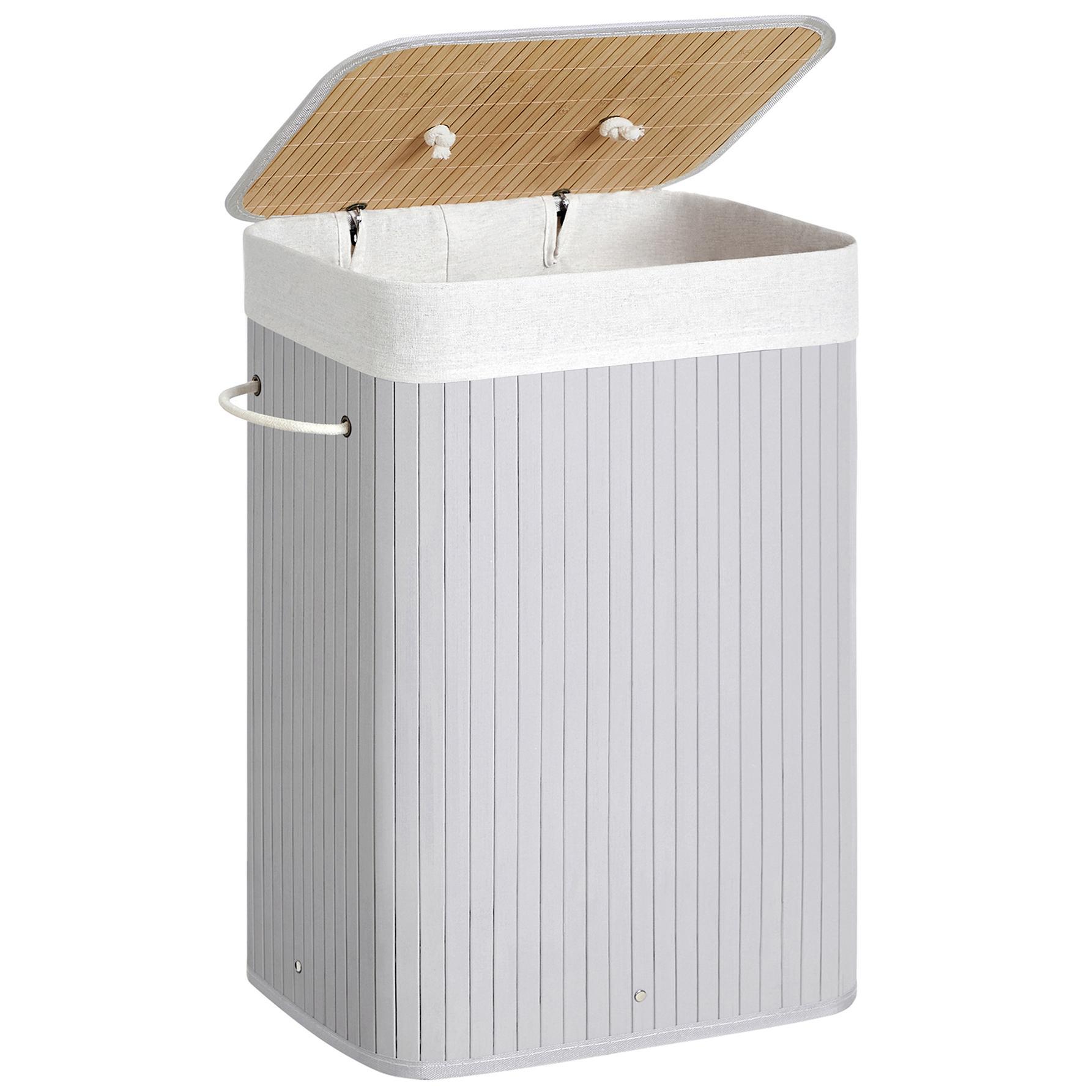 SONGMICS Cesto de la Ropa Sucia con Tapa, 72 L, Cesto de Lavandería de Bambú, Plegable, con Bolsa Lavable Extraíble, Asas, para Lavandería, Dormitorio, Gris/Natural/Negro/Blanco