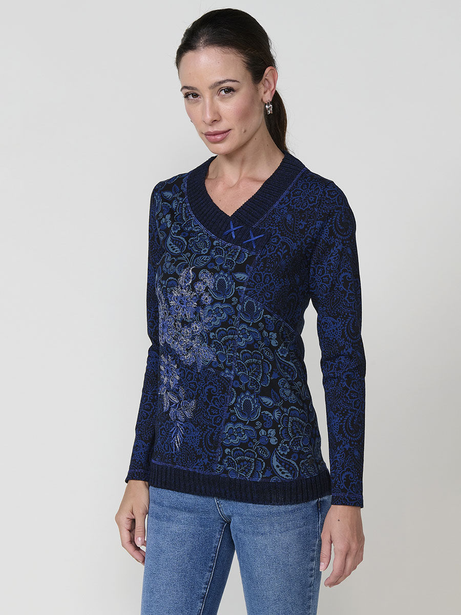 Koroshi Camiseta mujer algodón cuello pico con bordado floral y estampado