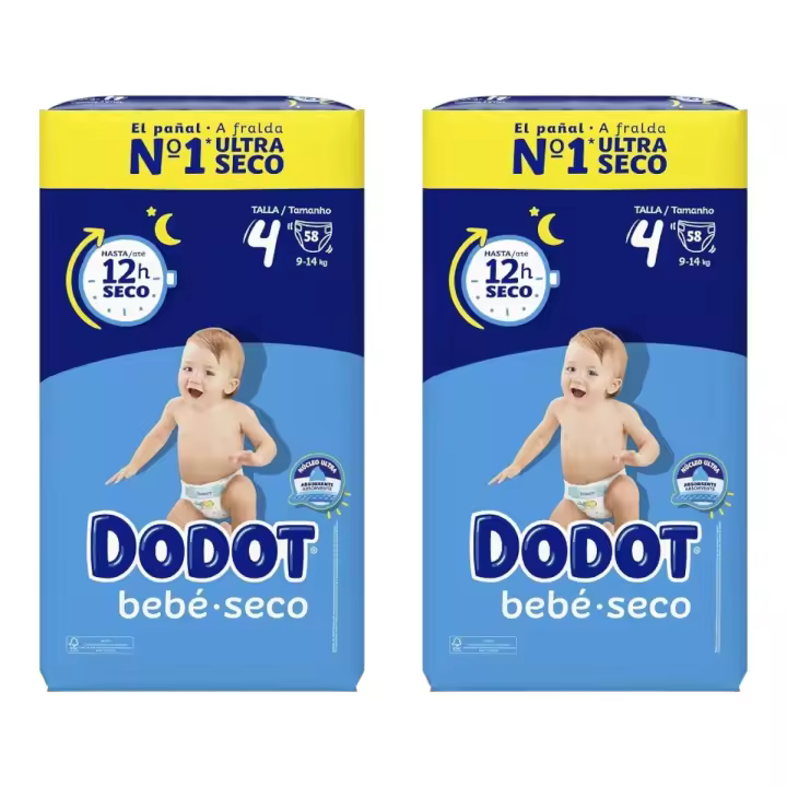 DODOT Pack de 2 Bolsas de 58 Pañales suaves antifugas y ajuste cómodo hasta 12 horas de protección de Bebé Seco Extra Jumbo Talla 4 (116 pañales en total) - 1