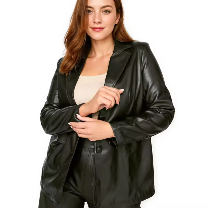 Chaqueta De Cuero PU De Talla Grande Con Botones Y Cuello En V Casual Para Mujer Manga Larga Estilo Suelto De Primavera Otoño Invierno - 1