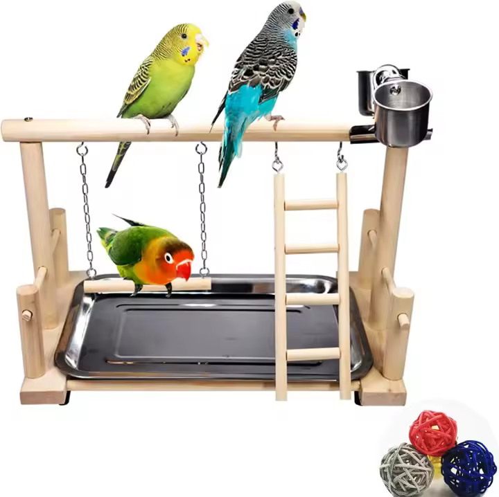 Soporte de juego para loros, soporte de juego para pájaros, juguetes con escalera de madera, columpio colgante, vasos y bandeja - 1