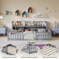 Cama Montessori 140x200 cm gris con estantería integrada, barandilla de seguridad y estructura de madera maciza para dormitorio infantil - details 2