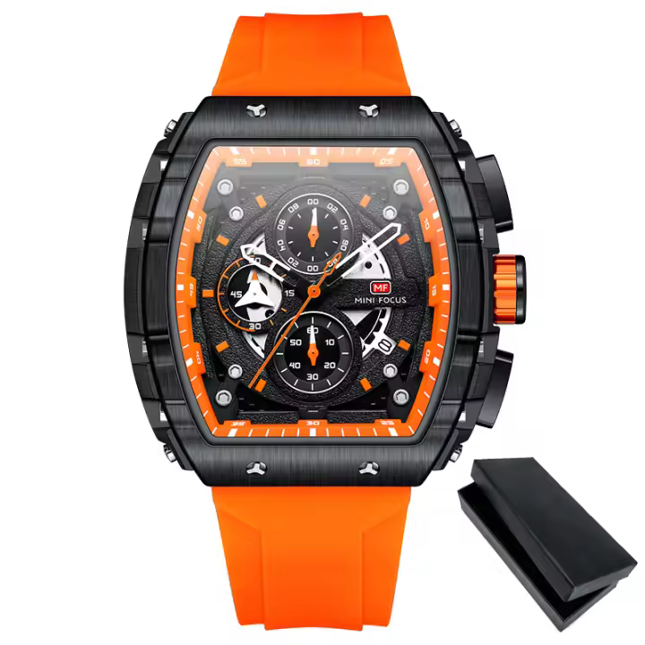 Reloj De Cuarzo MINI FOCUS Para Hombres Con Dial Tonneau Deportivo Y Correa De Silicona Naranja Cronógrafo Resistente Al Choque Con Fecha Automática Y Manos Luminosas - 1