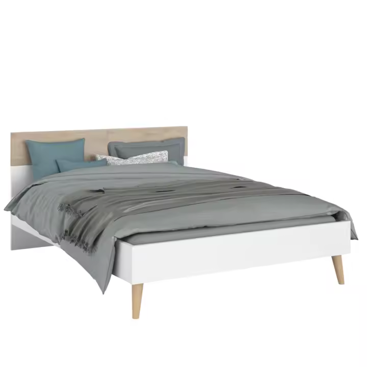 Cama Osaka Dormitorio Matrimonio Estilo Nórdico Color Roble Japonés y Negro Stipple o Blanco 160x200 cm o 135-140x190 cm - 1