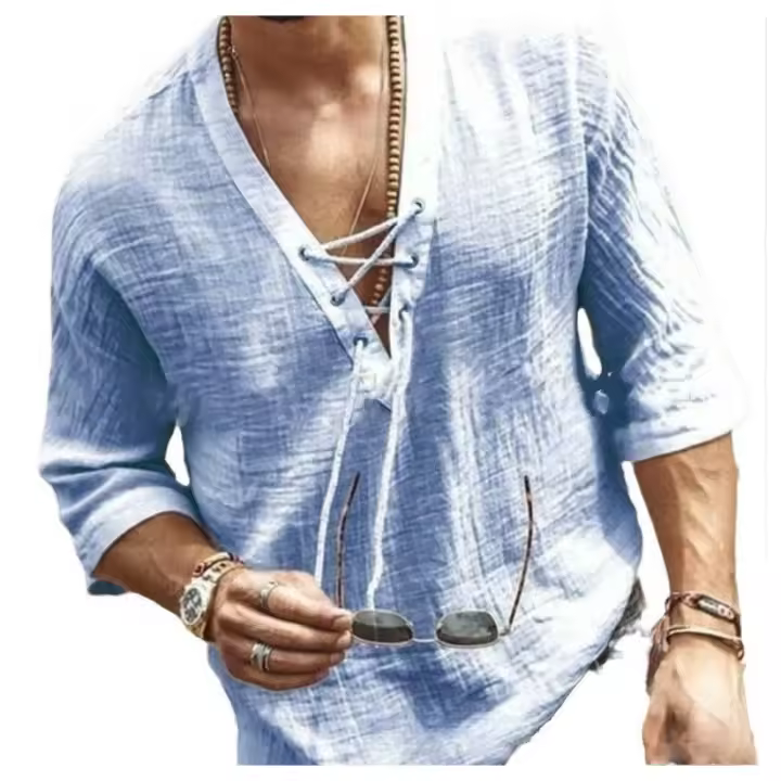Camisa De Hombre Casual Verano Sin Capucha V-Neck Con Cordones Color Sólido Tres Cuartos Manga Cuello V De Encaje Para Comercio Exterior - 1