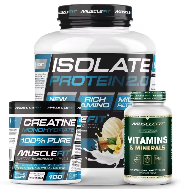 Pack ISOLATE 2kg + Creatina 300g + Multivitaminas 60 cáps - MuscleFit│Avance Muscular - 1