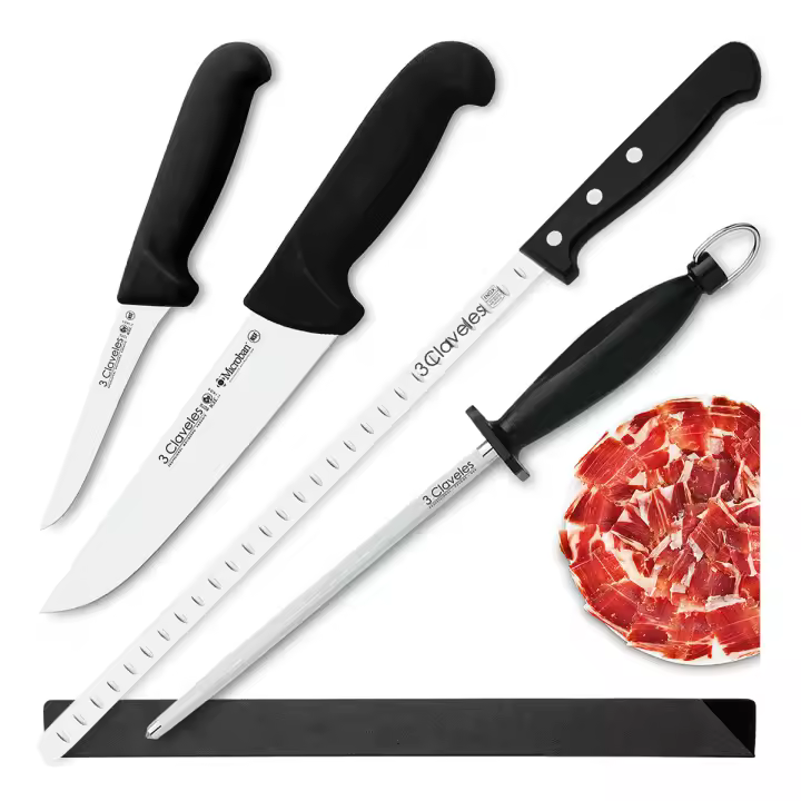 3 Claveles Gourmet - Kit Profesional de Cuchillo Jamonero Deshuesadores Chaira y Funda - 1