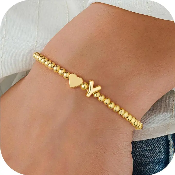 Pulsera de letras en forma de corazón para mujer, exquisita pulsera de cuentas doradas, elegante colgante de letras A-Z, regalo personalizado - 1