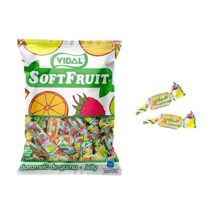 Vidal. Soft Fruit caramelo de goma envuelto. Sabores frutales: Piña, limón, naranja, manzana y fresa. Bolsa de 1kg - 1