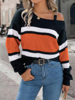 Suéter De Manga Larga Casual De Otoño E Invierno Para Mujer Con Rayas Y Color Contraste Hombros Descubiertos Cierre De Metal Ajustable - details 4