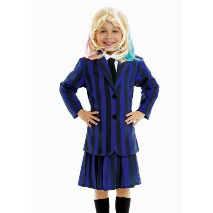 Disfraz de Miércoles Niña Mujer, Uniforme Escolar Azul Gris a Rayas Familia Addams Cosplay para Halloween Carnaval - 1