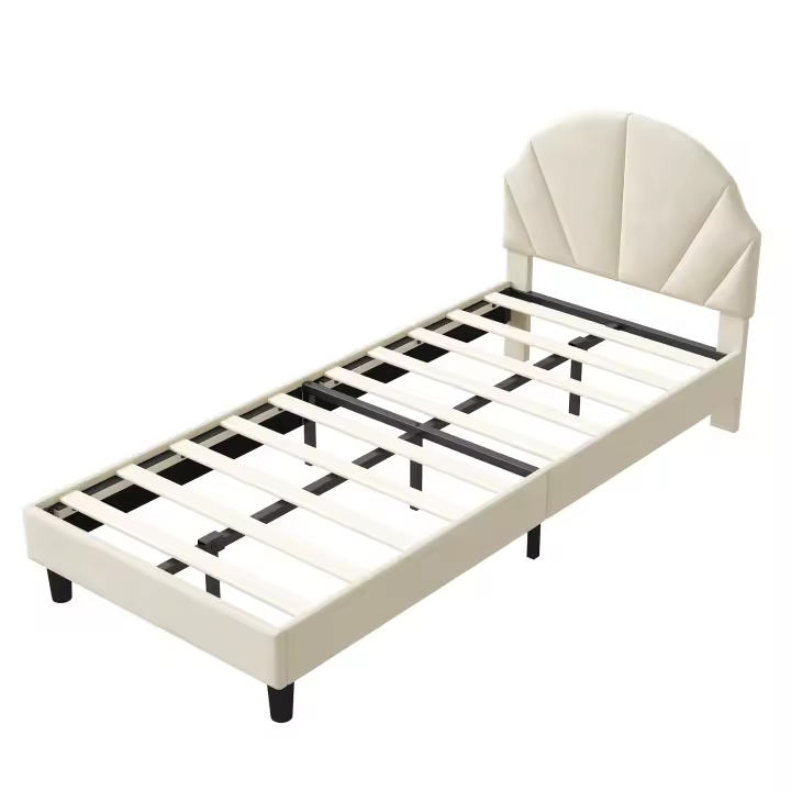 Cama infantil 90x190 cm tapizada en terciopelo beige, cabecero con forma de concha, altura ajustable y somier de lamas - 1