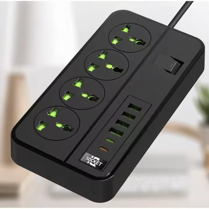 IPSDI Regleta de 4 enchufes (13 A/3000 W) con Interruptor Individual, 4 Puertos de Carga USB y 2 Puertos TYP-C ( 3,4 A/5 V, 2 m, Adaptador de Corriente para Cables, aplicable a oficinas y Viajes en casa (Negro) - 1