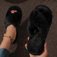 Pantuflas De Casa Para Mujer Con Tela De Peluche CrissCross Y Suela Suave Open Toe Fuzzy Caliente Invierno Pantuflas Cómodas Para Interno - details 8