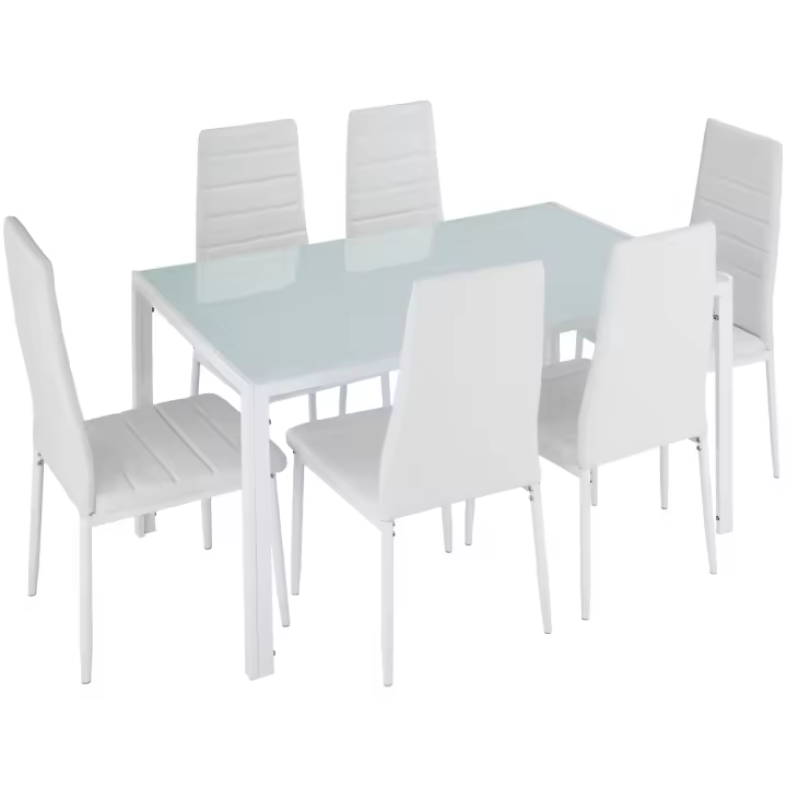 Tectake - Conjunto de mesa y 6 sillas de comedor BRANDENBURG, Acolchado con funda de cuero sintético muy resistente, Tablero de la mesa robusto, de vidrio de seguridad, Acero estable, Protectores de plástico en las patas para proteger el suelo de arañazos - 1