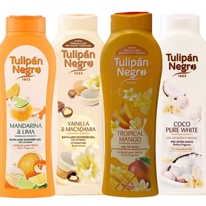 Pack de 4 geles de ducha tulipán negro: mandarina, vainilla, mango y coco. increíble aroma, hidratación para la piel, ideal para regalo. producto fabricado por briseis en españa pack de 4 geles de ducha tulipán negro – mandarina, vainilla, mango y coco. - 1