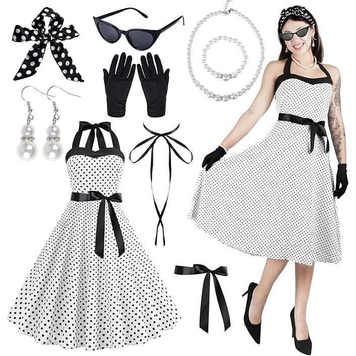 Disfraz Años 50 Mujer – Set de 10 Piezas Rockabilly Vintage: Gafas, Pendientes, Diadema, Collar, Pulsera, Guantes, Cinturón y Más – Fiesta Temática, Carnaval, Fiesta Retro