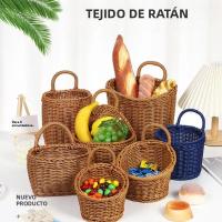 Cesta De Almacenamiento De Cocina Tejida a Mano Imitación Rattan Marrón Con Mango Para Verduras Frutas Flores Organizador Colgante - details 0