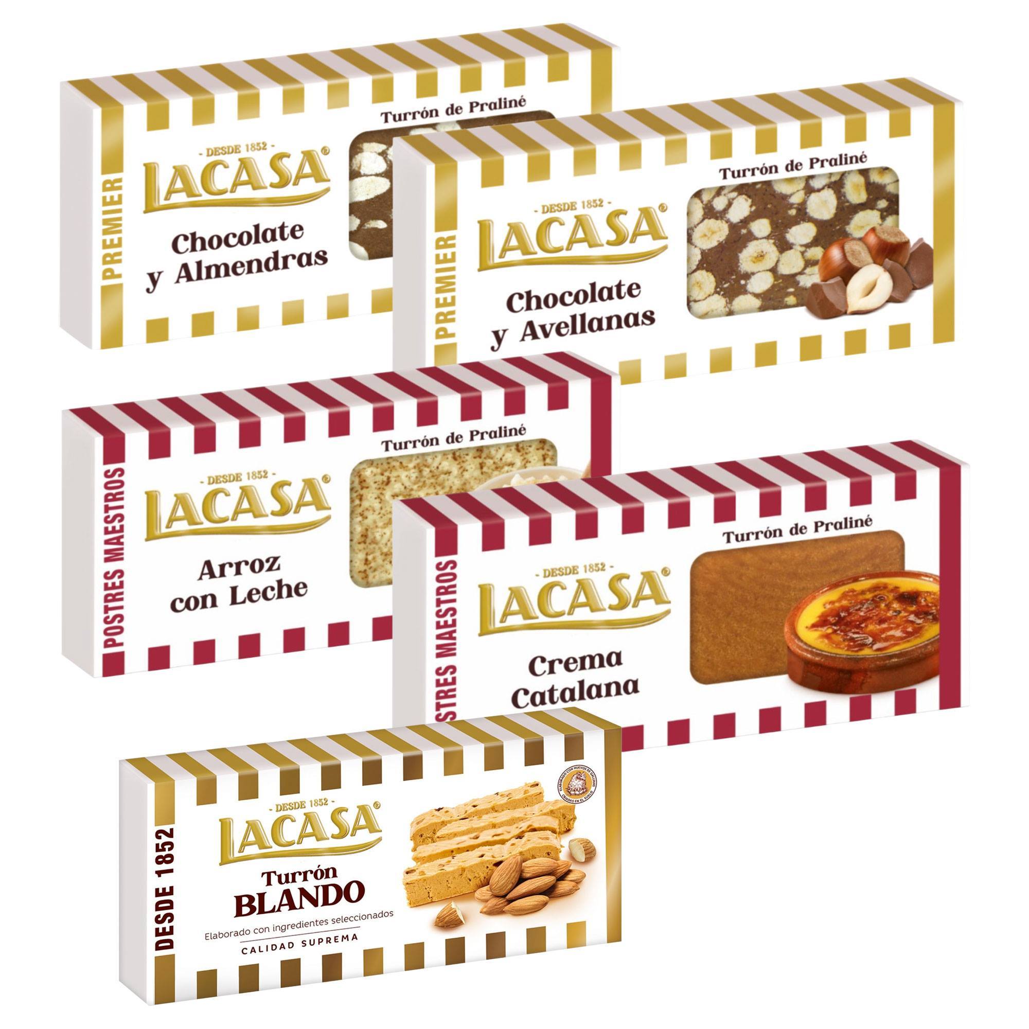 Turrones Lacasa: 5 tabletas de Turron variadas: Blando, Chocolate y almendras, Arroz con leche, Crema catalana y Chocolate y avellanas