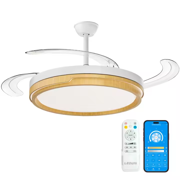 OStarkDom 96W Ventilador de Techo Retráctil con Luz LED y Control Remoto - 6 Velocidades Silencioso - 3 Colores de Luz (Cálida/Fría) - Motor de Cobre Duradero - Para Dormitorio y Sala - Fácil Instalación - 1