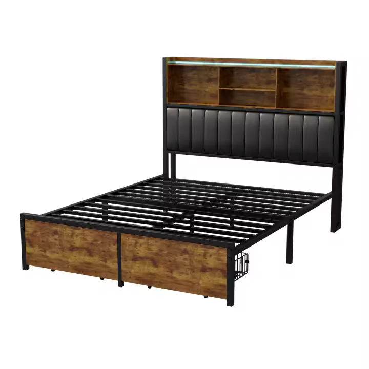 Cama doble 140x200/160x200 cm con LED, estructura metálica, 2 cajones, cabecera con almacenamiento, somier de lamas - 1