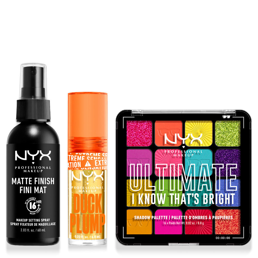NYX Professional Makeup | Rutina de Maquillaje con brillo de labios Duck Plump, Tono Clearly Spicy, la paleta de sombras ultimate shadow, Tono I know that´s Bright, y Spray fijador acabado Mate