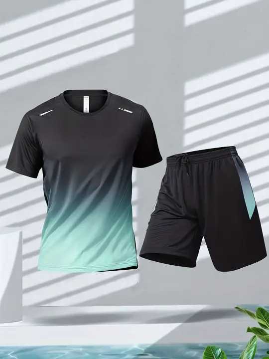TK Conjunto De Entrenamiento De Baloncesto Para Hombres Verano Camiseta De Manga Corta Gradiente Y Shorts De Secado Rápido 2 Piezas - 1