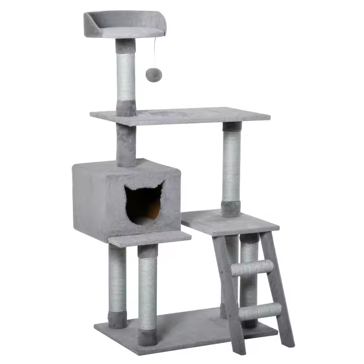 PawHut Árbol Rascador para Gatos Grande Altura 124 cm Torre de Escalada con Plataformas Escalera Cueva Postes de Yute y Bola Colgante Juego y Descanso 60,5x40x124 cm Gris - 1