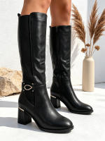 Botas largas elegantes para mujer con tacón grueso y bajo con cremallera lateral y hebilla metálica ideales para trabajar salir y vacaciones - details 9