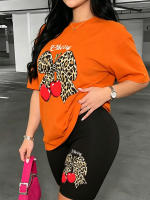 Conjunto Casual De Dos Piezas Para Mujer Con Estampado De Leopardo Y Cerezo Talla Grande Estilo Americano Ropa De Calle - details 5