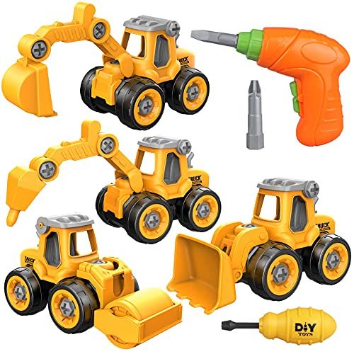 Juguetes de Construcción 4 Tractores Amarillos Desarmables con Herramientas – Excavadora, Cargadora, Rodillo, Perforadora – Incluye Taladro Eléctrico con 2 Brocas, Destornillador y Pistola para Quitar Tornillos – Juego Educativo de Montar y Desmontar para