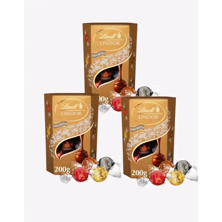 Lindt bombones LINDOR SURTIDO CORNET incluye bombones chocolate negro al 70% de cacao, chocolate con leche, chocolate negro, delicioso bombón con interior de chocolate cremoso, 600 grs - Pack de 3 - 1