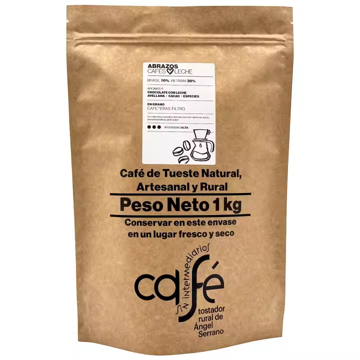 CAFÉ SIN INTERMEDIARIOS - Café de Brasil y Vietnam - Abrazos - Ideal para combinar con leche - Intensidad de sabor Alta - Recién tostado y envasado - 1 Kg Grano o Molido (Exprés, Filtro, Italiana, Americana, Superautomática) - 1