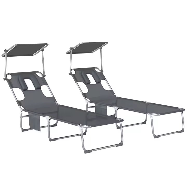 Outsunny Set de 2 Tumbonas Jardín Exterior, Tumbonas Plegables con Reposacabezas, Dosel 360°, Orificio Facial, Bolsillo Lateral, Respaldo Reclinable 5 Posiciones y Textilene 550 g/m² para Playa - 1