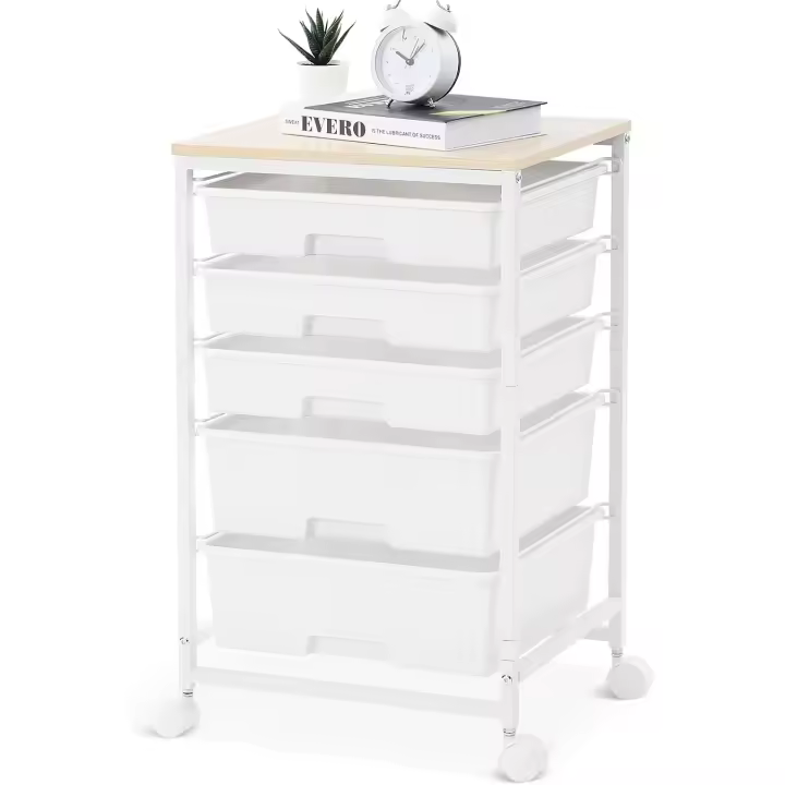 Carro de baño con 5 cajones, carro de cocina con ruedas con tablero de mesa de madera, para cocina, salón, dormitorio, oficina, blanco - 1
