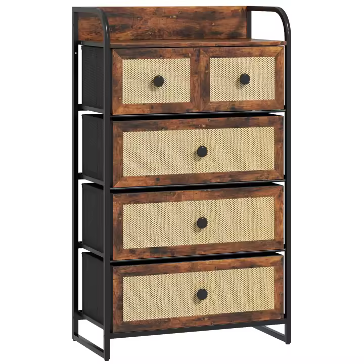HOMCOM Cajonera de Tela Cómoda para Dormitorio con 5 Cajones con Frentes de Ratán y Marco de Acero Mueble Organizador para Sala de Estar 58x29x99 cm Marrón Rústico - 1