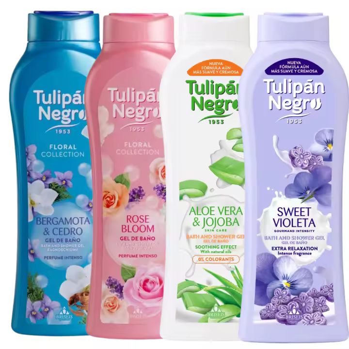 Pack 4 geles de baño tulipán negro 650 ml aromas exclusivos: bergamota y cedro, flor de rosa, aloe vera y jojoba, y violeta dulce. hidratación, suavidad y fragancias irresistibles geles de ducha con aroma floral increíbles aromas para el baño - 1