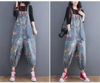 Traje De Mujer Estilo Callejero Floral Impresión Denim Con Tirantes Dungarees Rompers Cargo Pantalones Anchos De Pierna Pantalones De Sobrero - details 3