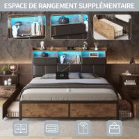 Cama 160x200 cm con cajones de tela, estructura metálica, cabecero con LED RGB, enchufe europeo y puertos USB, estilo industrial negro y madera - details 2