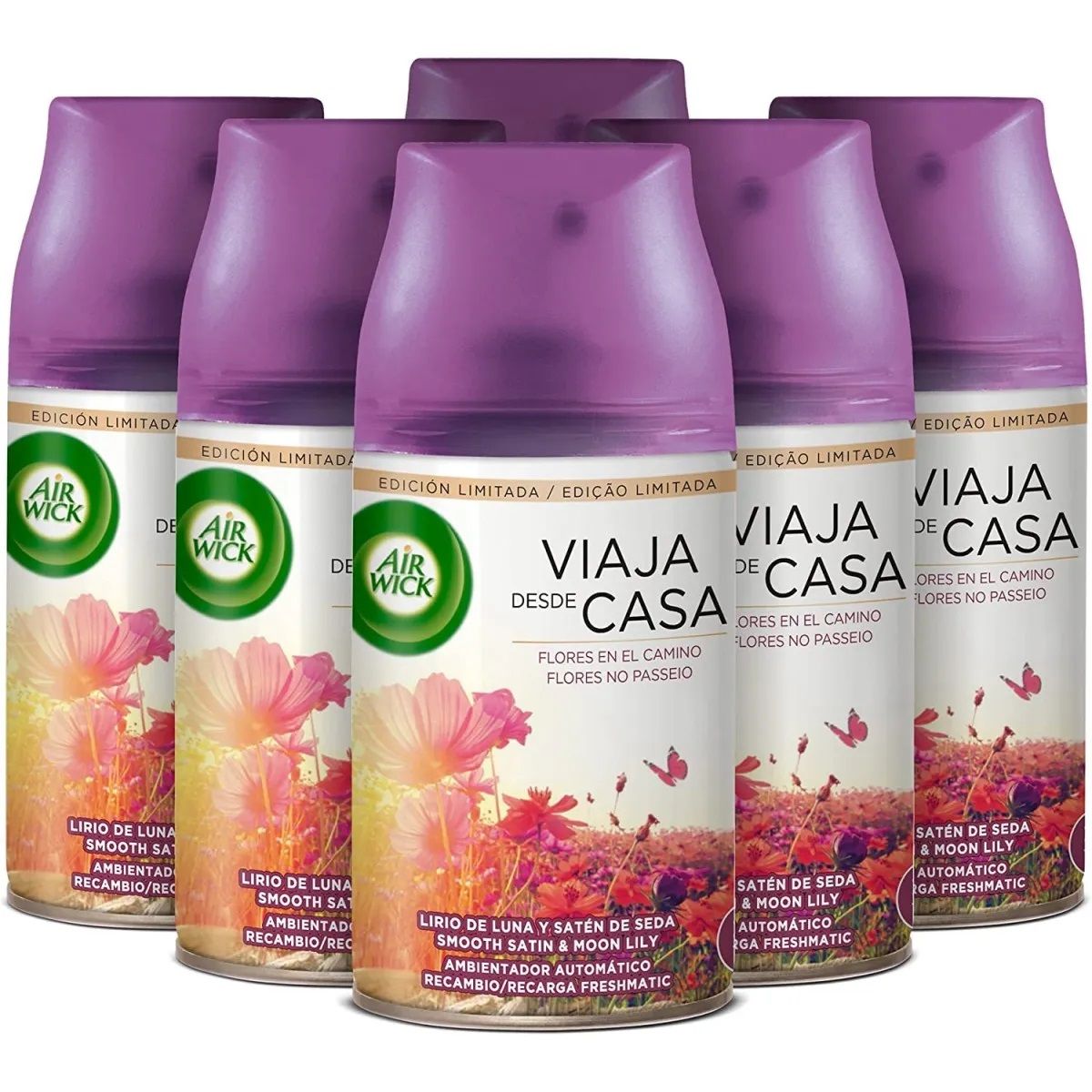 Air Wick Ambientador Freshmatic - Set Lote 6 Recambios, Ambientador para Casa, Diferentes Aromas, Neutraliza Malos Olores, Flor Frescor, Flores Blancas, Lirio de Luna, Nenuco, Oasis Turquesa, Delicias de Verano, Lavanda y Camomila