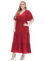 Vestido Bohemio Casual De Polka Dot Para Mujer plus Talla Con Vuelta Corta Y Cuello En V Traje De Verano De Polyester - details 8