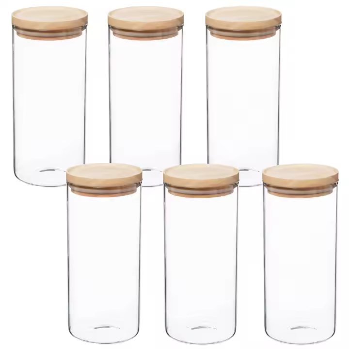Set 6 Tarros De Vidrio Y Madera WELLHOME 9,6 X 22 Cm 1,3l Transparente - 1
