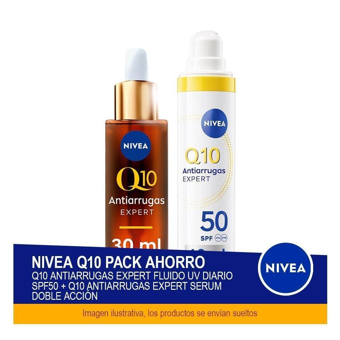 NIVEA Q10 Antiarrugas Expert Pack Ahorro: Fluido UV Diario SPF50 40ml + Sérum Doble Acción para Reducir Arrugas y Prevenir el Envejecimiento