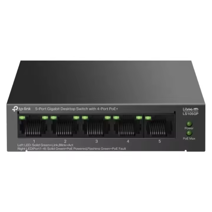 TP-Link - Switch LS105GP 4xGB PoE+ 1xGB 65W para redes profesionales, no gestionado con QoS, ideal para oficinas y videovigilancia - 1