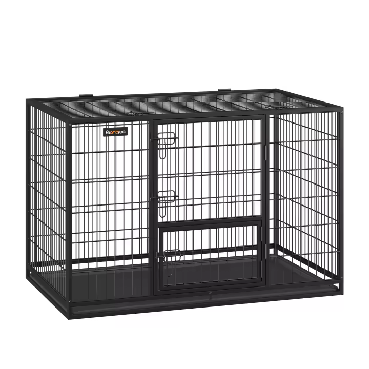 Feandrea Jaula Pesada para Perros, Jaula de Mascotas, 107 x 70 x 74,9 cm/122 x 74,5 x 80,5 cm, para Perros Grandes y Medios, Antiescape, Doble Puerta Extraíble, Limpieza Fácil, Parque de Perros, XL, Negro - 1