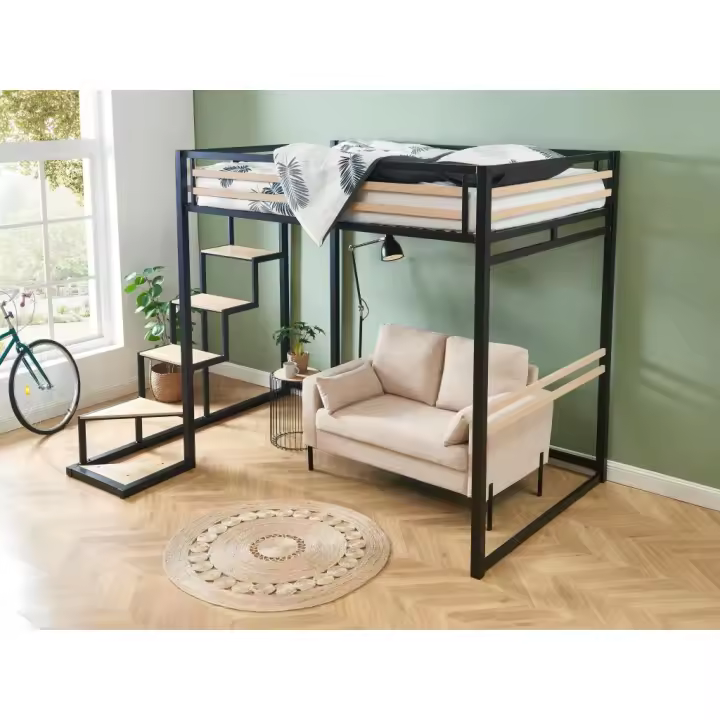 Vente-unique - Cama alta 140 x 200 cm - metal y MDF - Negro y natural - JOGUI - 1