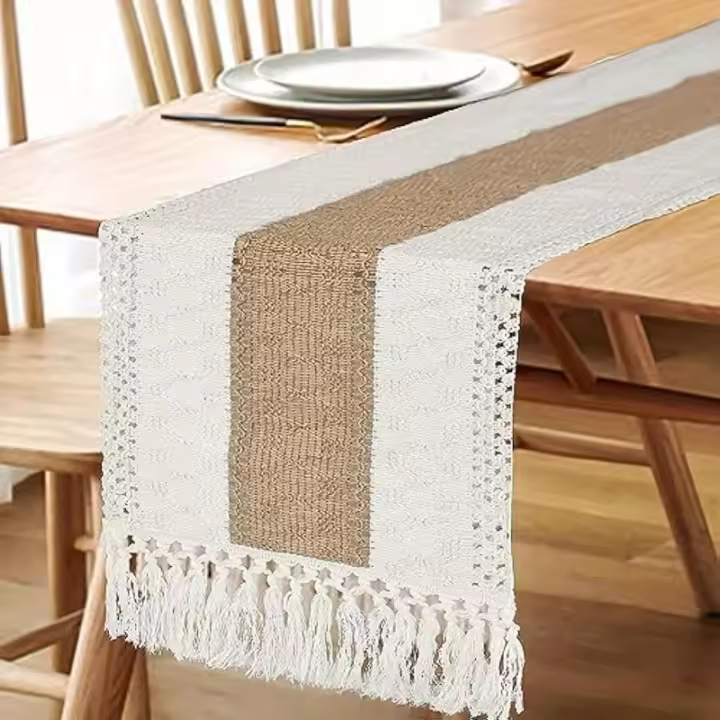 Om Home Corredor De Mesa Boho 182.88 Cm Largo Color Crema Y Marrón Macramé Con Borlas Blends De Poliéster Para Decoración De Hogar Estilo Rustico Farmhouse - 1