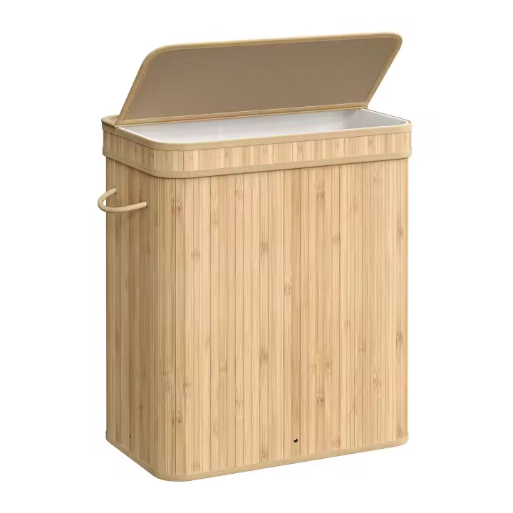 SONGMICS Cesto Ropa Sucia con Tapa, Cesta Ropa Sucia de Bambú, Bolsa Interior Extraíble y Lavable a Máquina, con Asas, 100 L, para Lavandería, Dormitorio, Sala de Estar, Gris/Blanco/Natural - 1