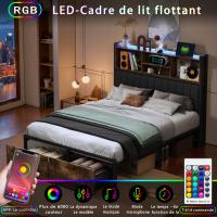 Cama doble 140x200/160x200 cm con LED, estructura metálica, 2 cajones, cabecera con almacenamiento, somier de lamas - details 3