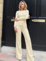 Dulzura Conjunto De Pantalones Casuales De 2 Piezas Suéter De Cuello Redondo Manga Larga Abrigo Sólido Pantalones De Pierna Ancha Clubwear Fiesta - details 3